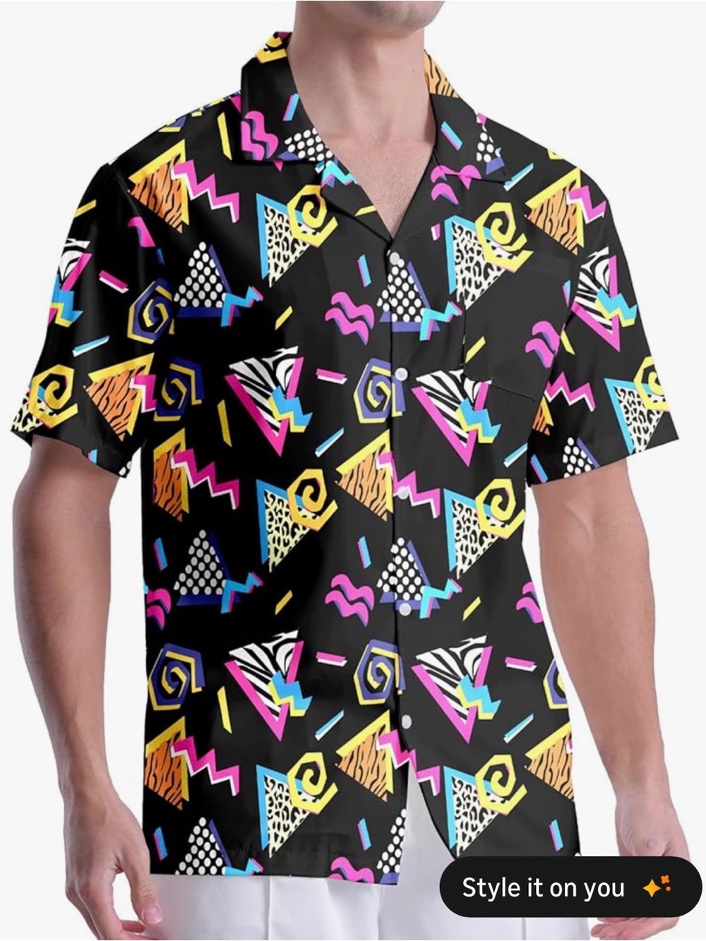 Men's Black Retro Geo Print Short-Sleeve Shirt